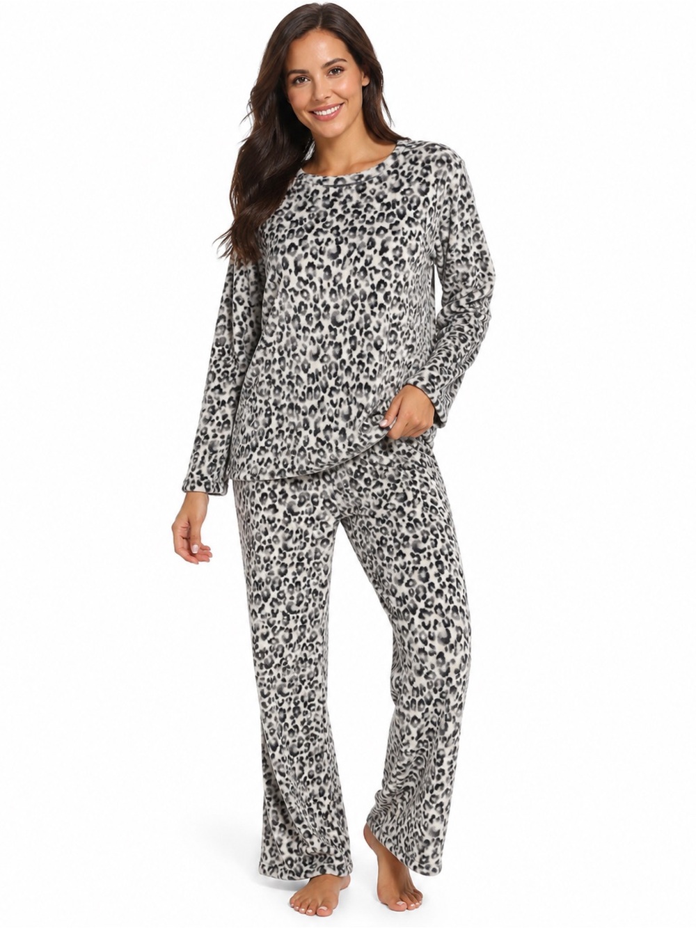 Cozy Leopard Print Pajama Set - Gray - 0829